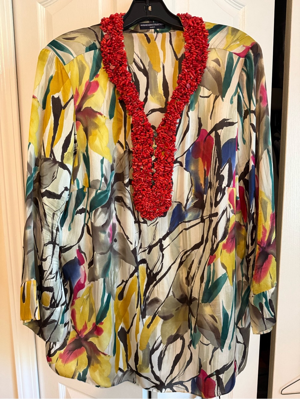 Magaschoni Multicolor Floral Tunic with Red Beaded V-Neck